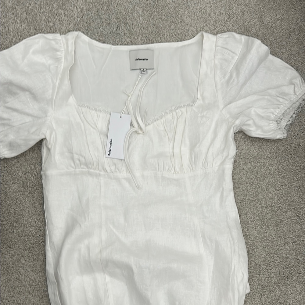 White linen maxi reformation dress with tie back